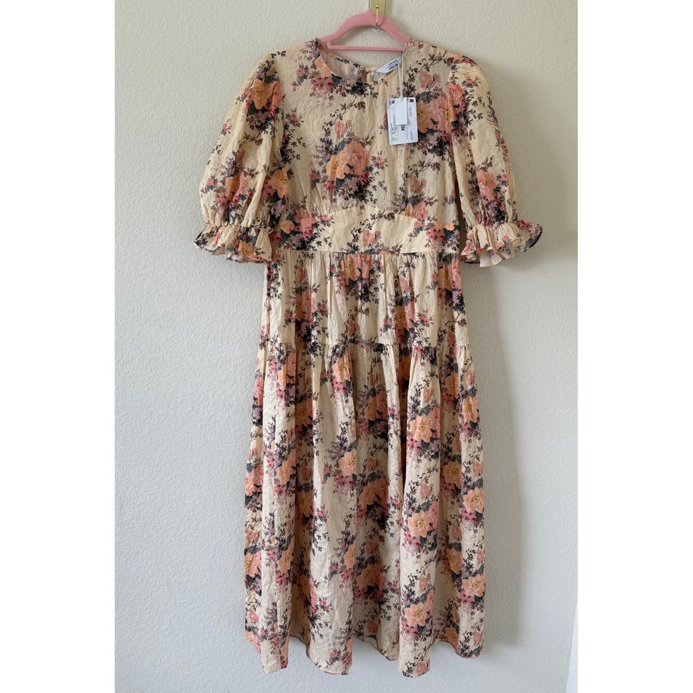 NWT & Other Stories Floral Puff Sleeve Tiered Midi Dress Dusty Light Sm Boho